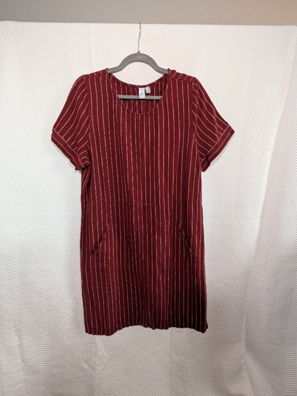 Susina Linen Blend Brown Burgundy Striped Dress Pop Over Pockets Large Lagenlook